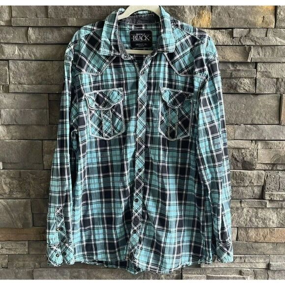 Buckle Black Plaid Snap Button Long Sleeve Blue‎ Shirt Size XXL Western Country - Picture 1 of 4